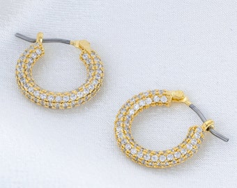 Small CZ Pave Earrings - 18K Gold Plated Cubic Zirconia Micro Pave Huggie Hoop Earrings - Diamond Sparkle Loops for Her - Hoops for Women