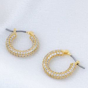 Small CZ Pave Earrings - 18K Gold Plated Cubic Zirconia Micro Pave Huggie Hoop Earrings - Diamond Sparkle Loops for Her - Hoops for Women