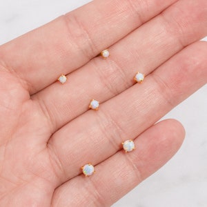 Small Opal Stud Earrings - 14K Gold Plated Prong Set Opals - Tiny Dot Studs - Round Circle Lobe Post - Gift Ideas for Women & Ladies for Her