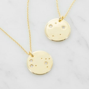 Zodiac Star Constellation Coin Pendant Necklace - Birthday Sign Circle Disc Pendants - Celestial CZ Jewelry - Gift Ideas for Women for Her