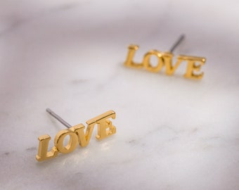 18K Gold Plated Love Stud Earrings - Word Letter Post Studs - Bridal Friendship Metal Posts - Simple Lobe Ear Gift Ideas for Women - for Her