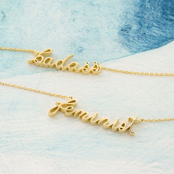 18K Gold Plated Motivational Word Necklace - Badass Boss Feminist Fierce Slay Script Letter Chain Necklace - Inspirational Pendant Necklace