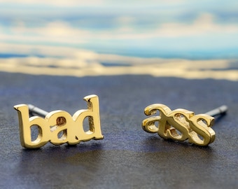 18K Gold Plated Badass Stud Earrings - Small Word Earrings for Women - Bad Ass Posts - Minimal Everyday Jewelry - Shiny Gold Letter Studs