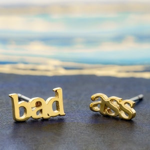 18K Gold Plated Badass Stud Earrings - Small Word Earrings for Women - Bad Ass Posts - Minimal Everyday Jewelry - Shiny Gold Letter Studs