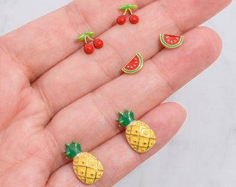 Fruit Stud Earrings - Cute Cherry Watermelon Pineapple Studs - Adorable Everyday Color Post Jewelry - Small Fruits Earring for Women for Her