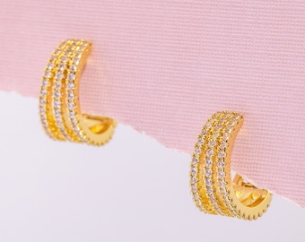 Orecchini A Triplo Cerchio Kaia - Placcati Oro 18k Con Zirconi, Design A Strati, Ipoallergenici, Regalo Donna - 5