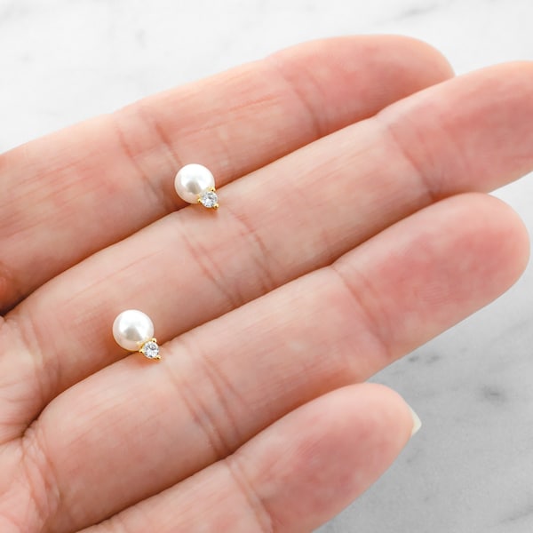 18K Gold Plated Pearl and CZ Stud Earrings - Small Dainty Round Studs - Cute Post Earrings for Women - Minimal Everyday Solitaire Dot Studs