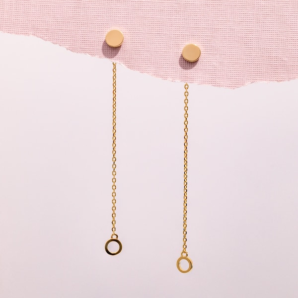 Dainty Gold Plated Drop Earrings - Simple Circle Stud with Chain and Circle Charm - Halo Karma Ring Front Back - Minimal Everyday Jewelry