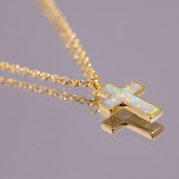 Gold Plated Opal Inlay Cross Necklace - Crucifix Pendant Chain - Modern Holy Faith Charm - Dainty Minimalist Gift Ideas for Women - For Her