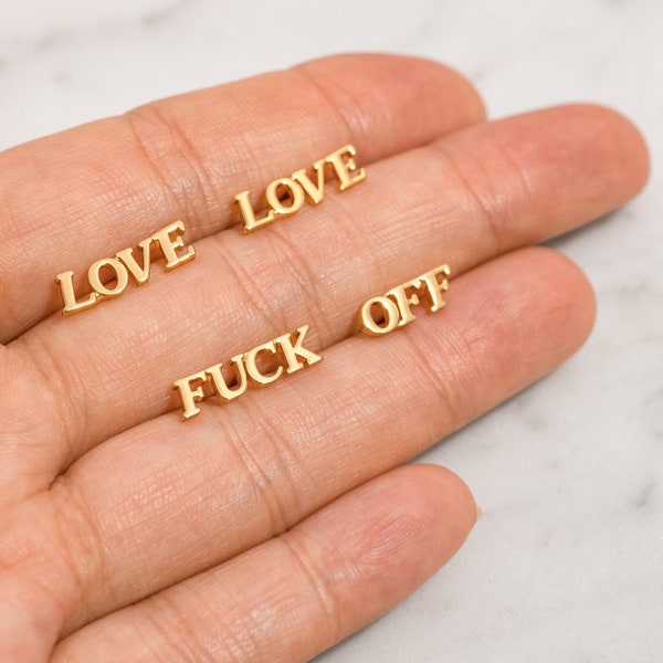 Gold Plated Word Stud Earrings - Motivational Letter Jewelry - Meaningful Post Studs - Love Fuck Badass - Explicit Vulgar Words - Gift Ideas