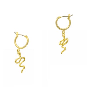 18K Gold Plated Snake Charm Huggie Hoop Earrings Drop Dangle Hoops Simple Plain Pendant Huggies Cute Animal Theme Hug Earrings for Her image 2