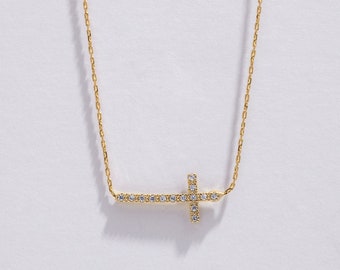 CZ Sideways Cross Necklace - Dainty Station Necklace - Thin Stack Layer Chain Necklace - Religious Faith Crucifix - Horizontal Cross Pendant