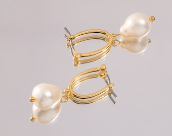 Gold Plated Thin U Hoop Earrings with Pearl Drop - Oblong Lobe Hoops with Pearl Charm - Minimalist Pearl Earring Gift Ideas for Women - Her