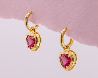 Ruby Red Heart Drop Huggie Earrings - Gold Plated Hug Hoops with Brilliant Color CZ Charm - Stack Layer Hoop Huggies - Gift Ideas for Women