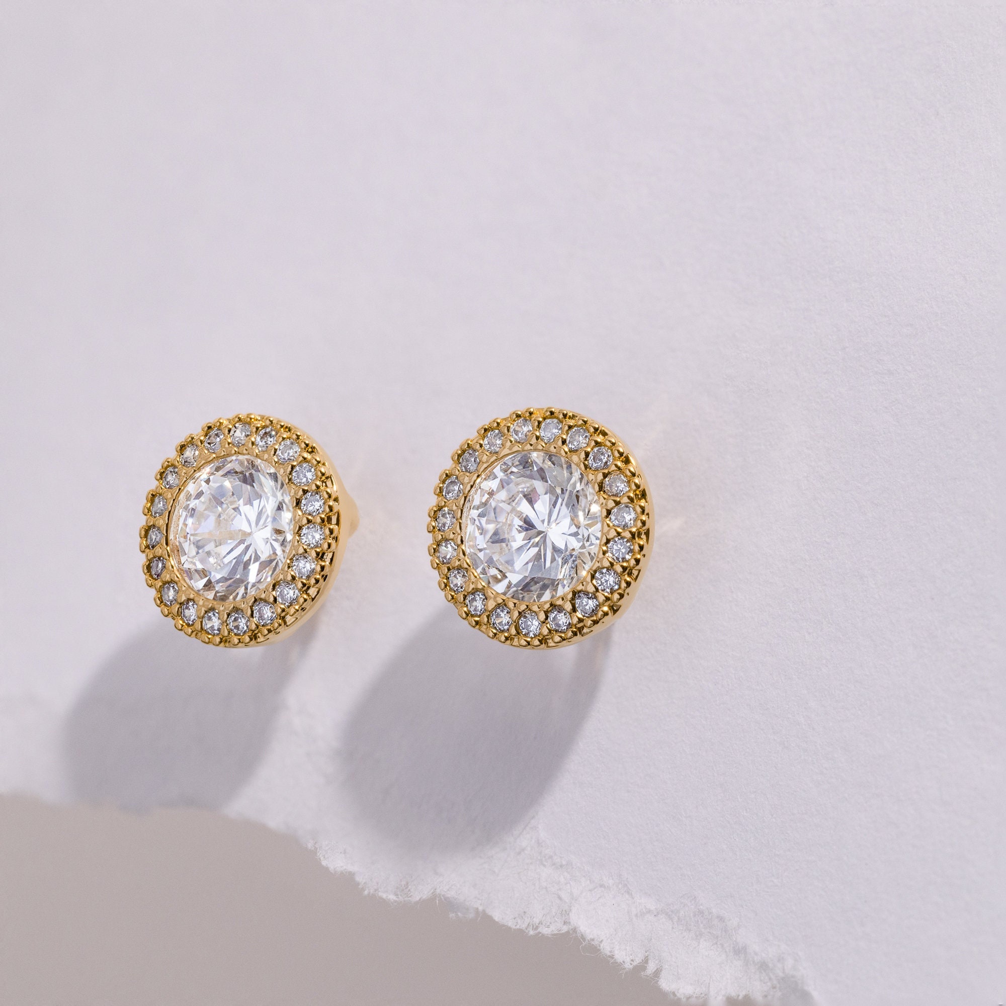 18K Gold Plated CZ Halo Stud Earrings - Circle Post Studs - Gold or Silver Jewelry - Round Pave Earrings - Sparkle Geometric Pavé Earrings