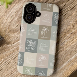 May include: A phone case with a checkered pattern featuring palm trees, suns, and waves in white on a beige, brown, and green background.