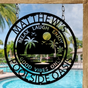 May include: Black metal sign with the name "MATTHEW'S" and the words "RELAX, LAUGH, ENJOY, GOOD VIBES ONLY, POOLSIDE OASIS." The sign features palm trees, a sun, and birds, hanging from chains.