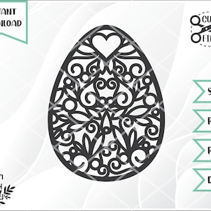 May include: Black cut file design of an Easter egg with a heart at the top. The egg is filled with intricate floral and swirl patterns. The words "INSTANT DOWNLOAD" are at the top left. The words "CUT FILE" and file type options are on the right.