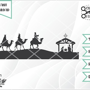 May include: Black silhouette of the three wise men riding camels approaching a star above a manger with Mary, Joseph, and baby Jesus inside.