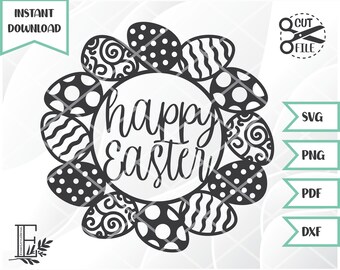 May include: Black and white digital design of a wreath of Easter eggs with the text "happy easter" in the center.