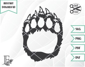 May include: Black and white silhouette of a bear paw print with five claws. The paw print is outlined in a thick black line.