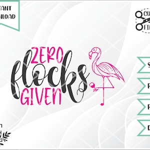Puede incluir: Una ilustración digital en blanco y negro de un flamenco con el texto "Zero Flocks Given" en letras negras y rosas.