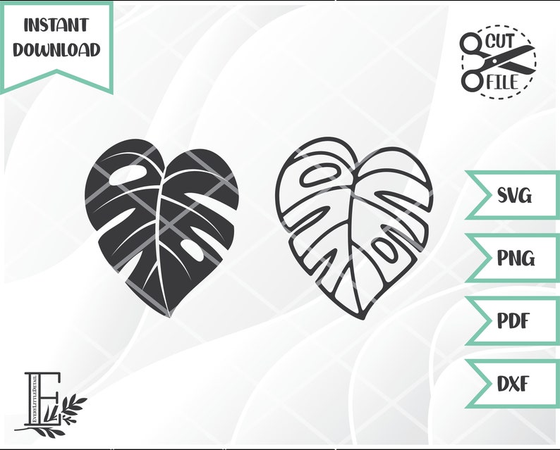 May include: Two black and white illustrations of a heart-shaped monstera leaf. The left leaf is filled in black, while the right leaf is outlined in black.