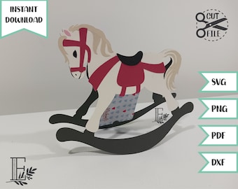 May include: A white rocking horse with a red saddle and a black rocking base. The horse has a pink nose and a brown mane. The rocking base is made of wood and has a black finish.