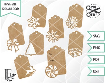 May include: Set of eight brown kraft paper gift tags with various white Christmas designs, including a snowflake, a Christmas tree, a reindeer, a candy cane, a bow, a present, and the words "To" and "From".