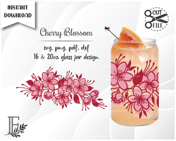 Cherry Blossom Glass Can Wrap - 16 & 20oz, svg files for cricut, Libbey glass can cut file, silhouette svg, Instant Download