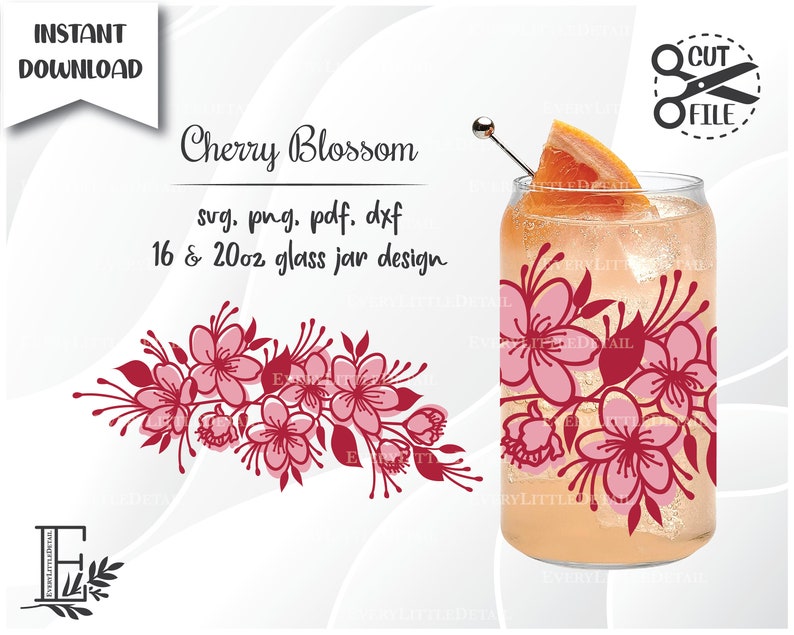 May include: A clear glass jar with a pink cherry blossom design, filled with a beverage and a grapefruit slice. The image includes the text "INSTANT DOWNLOAD" and "Cherry Blossom 16 & 20oz glass jar design".