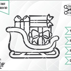 May include: A black and white line drawing of a sleigh with two wrapped presents inside. The sleigh has a curved back and a rounded base with a runner on each side.