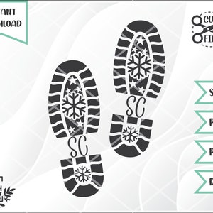 May include: Black and white graphic of two boot prints with snowflake and star details. The text "SC" is at the heel of each print. The image also includes the words "INSTANT DOWNLOAD" and "CUT FILE".