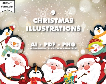 May include: Nine Christmas illustrations featuring Santa Claus, penguins, snowmen, and a winter scene. The illustrations are in a cartoon style and have a festive feel. The text "9 Christmas Illustrations" is at the top of the image. The text "AI - PDF - PNG" is in the middle of the image. The text "Transparent & White Backgrounds" is below the text "AI - PDF - PNG".