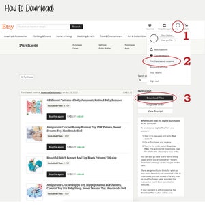 以下が含まれることがあります： Etsy のウェブサイトのスクリーンショットで、デジタル購入のダウンロード方法を示しています。画像には、購入した商品のリスト、ファイルのダウンロードボタン、デジタル購入へのアクセス方法に関する手順が表示されています。