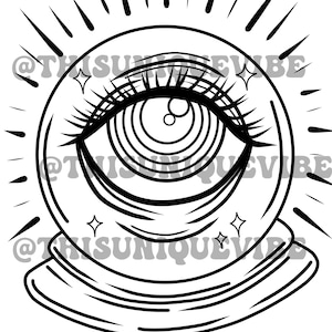 All seeing crystal ball coloring page (printable) adult coloring page, coloring book, trippy coloring page, trippy art, hippie coloring page