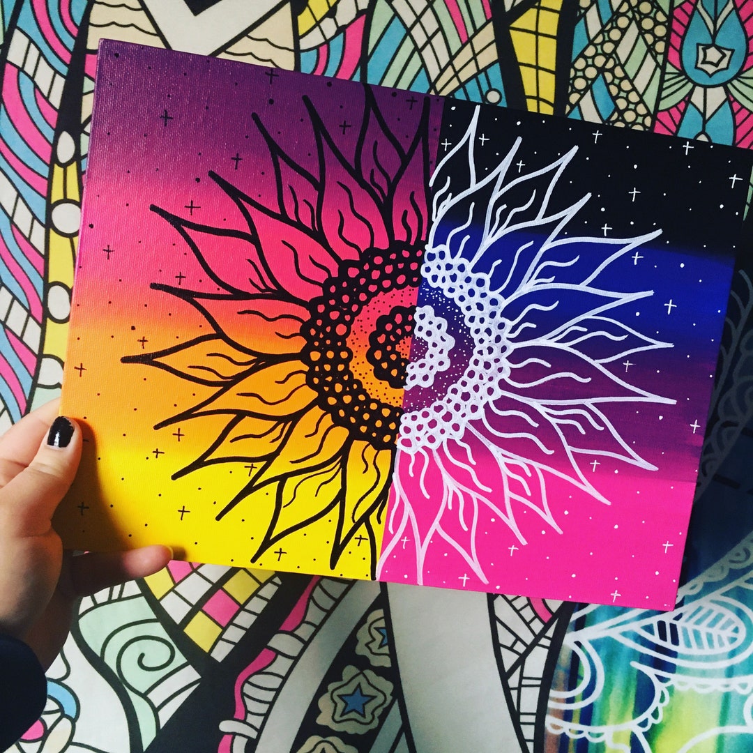 Day and Night Sunflower Painting, Sunflower Painting, Trippy Art