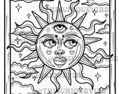 The sun tarot coloring page (printable) adult coloring page, coloring book, trippy coloring page, trippy art, hippie coloring page