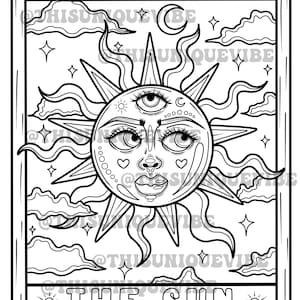 The sun tarot coloring page printable adult coloring page, coloring book, trippy coloring page, trippy art, hippie coloring page image 1