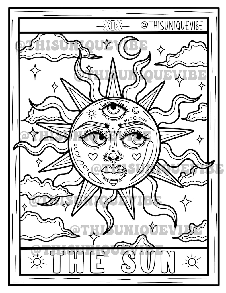 The sun tarot coloring page printable adult coloring page, coloring book, trippy coloring page, trippy art, hippie coloring page image 1