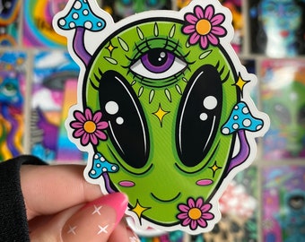 Cute trippy alien sticker, hippie, vinyl sticker, trippy, alien, trippy art, for water bottle, laptop decal
