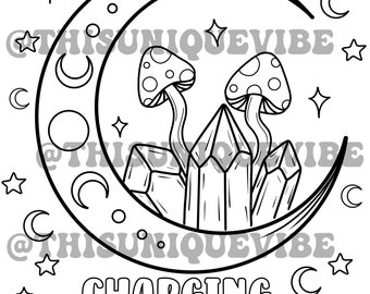 May include: Black and white line art illustration of a crescent moon with crystals, mushrooms, and stars. The text "CHARGING..." is below the moon.