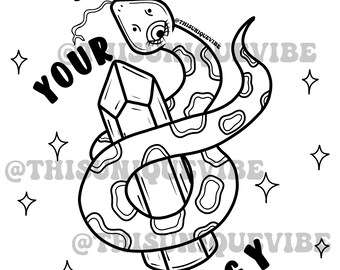 May include: Black and white line art illustration of a snake wrapped around a crystal with the text "Protect Your Energy" and the social media handle "@thisuniquevibe".