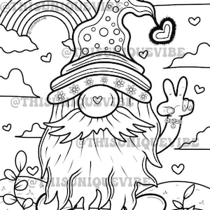 Hippie gnome coloring page (printable) adult coloring page, coloring book, trippy coloring page, trippy art, hippie coloring page, gnome
