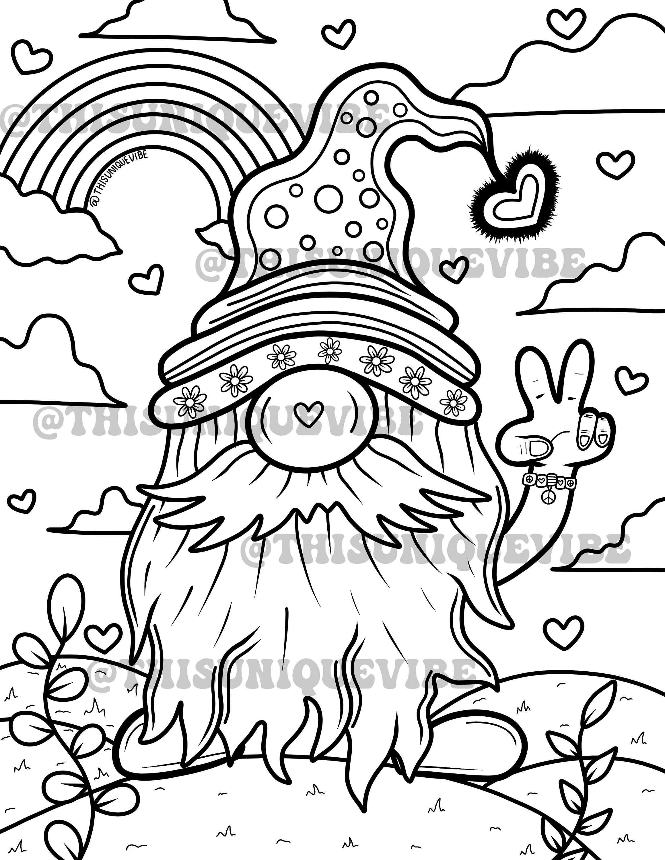 Groovy digital coloring pages set. Hippie coloring book in vintage