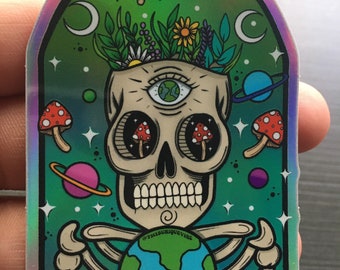 Aarde schedel sticker | | paddenstoelsticker, waterdichte sticker| trippy-sticker | tumblr-stickers | waterflesstickers |