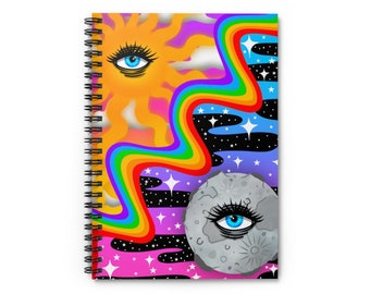 Sun and moon Spiral Notebook, trippy notebook, trippy stationery, witchy stationery, witchy art, celestial notebook, witchy notebook