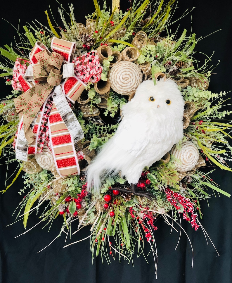 Owl wreath Christmas Snow Owl Decor Country Owl Front Door Wreath Christmas Wreath,Rustic Decor Christmas decor Farmhouse White Owl