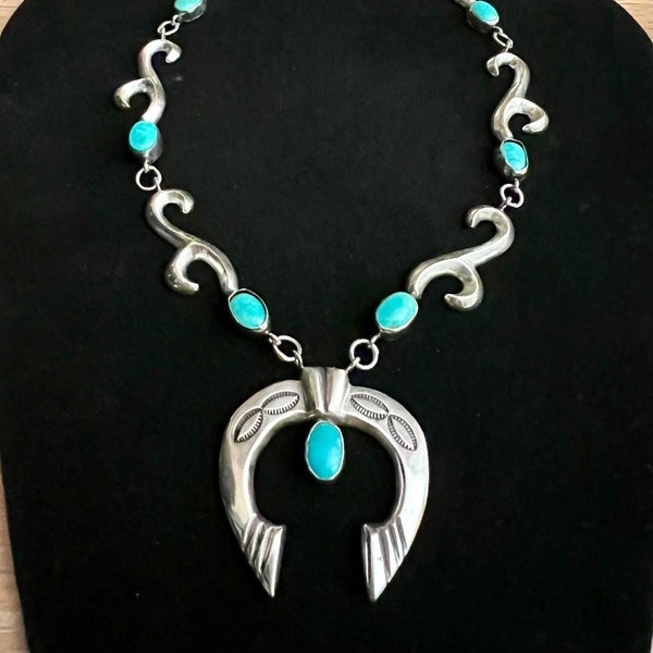 NAVAHO SILVER TURQUOISE Naja Necklace.  Circa 1960's.  Turquoise is the birthstone for December.