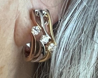 S.KASHI Tri-Tone Gold Cuff Earrings.  Yellow, Rose and White Gold Bands with 3 Diamonds on Each Earring.